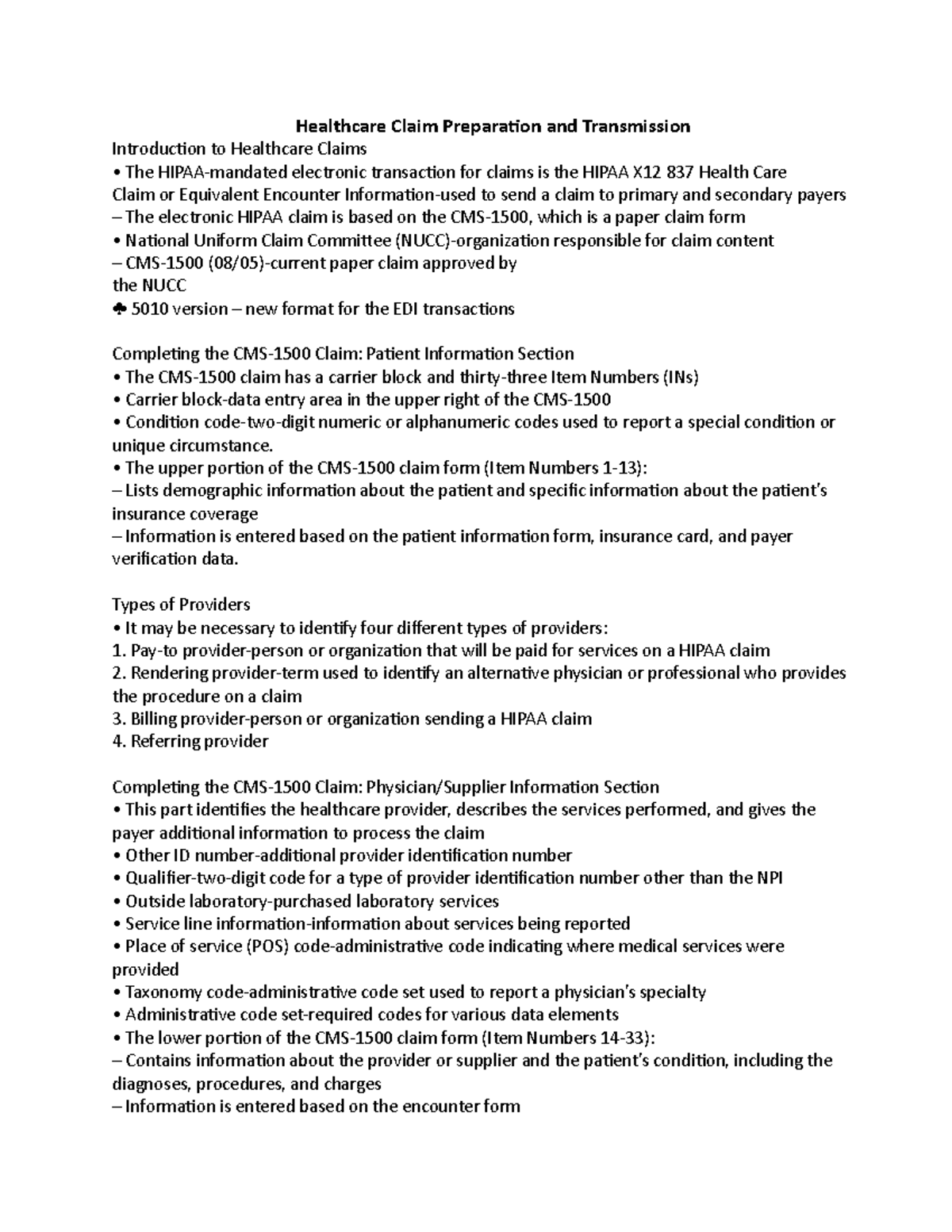 HE 275 Chpt. 7 notes - Helps others - Healthcare Claim Preparation and ...