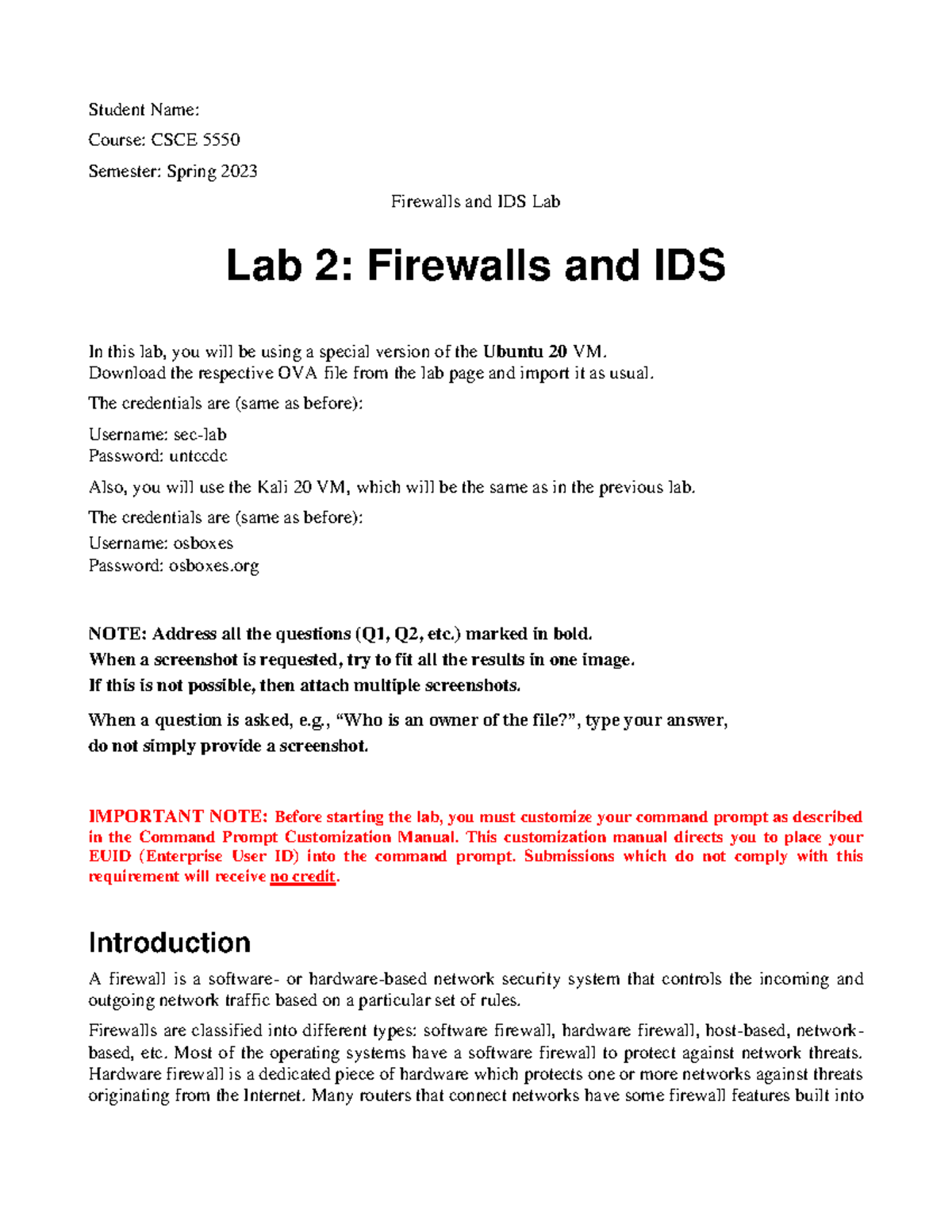 Lab2 Firewalls IDS - labwork - Course: CSCE 5550 Semester: Spring 2023 ...