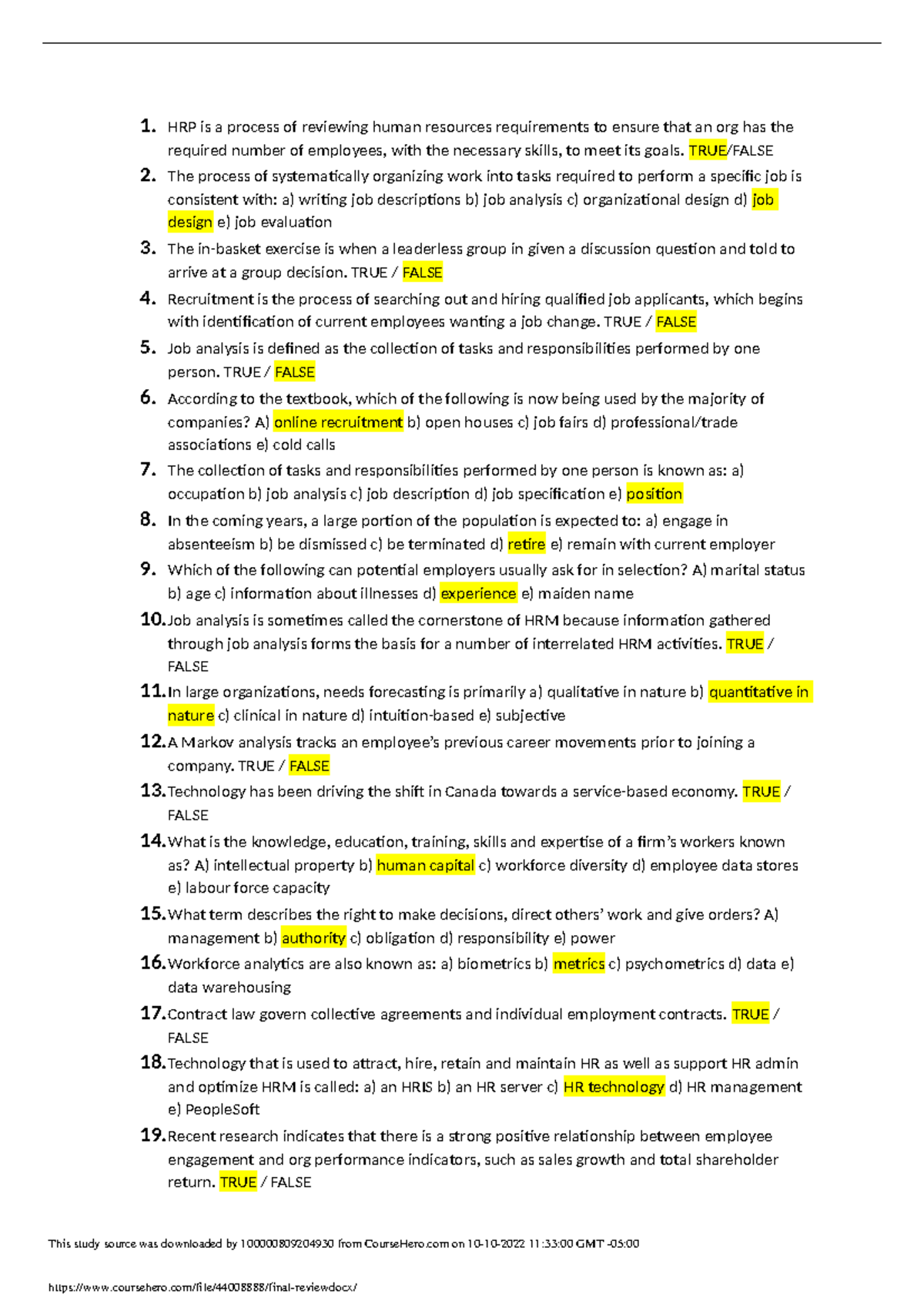Final review - 1. HRP is a process of reviewing human resources ...