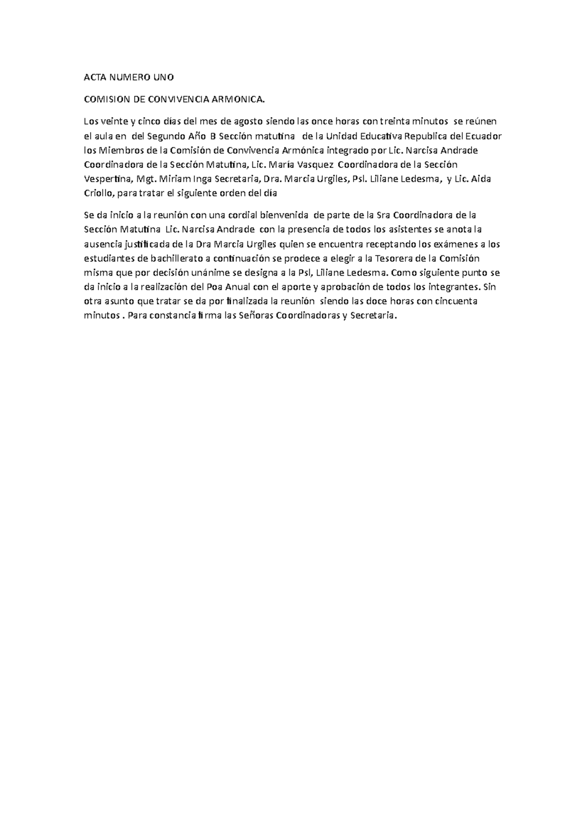 ACTA Numero UNO - AYUDA - ACTA NUMERO UNO COMISION DE CONVIVENCIA ...