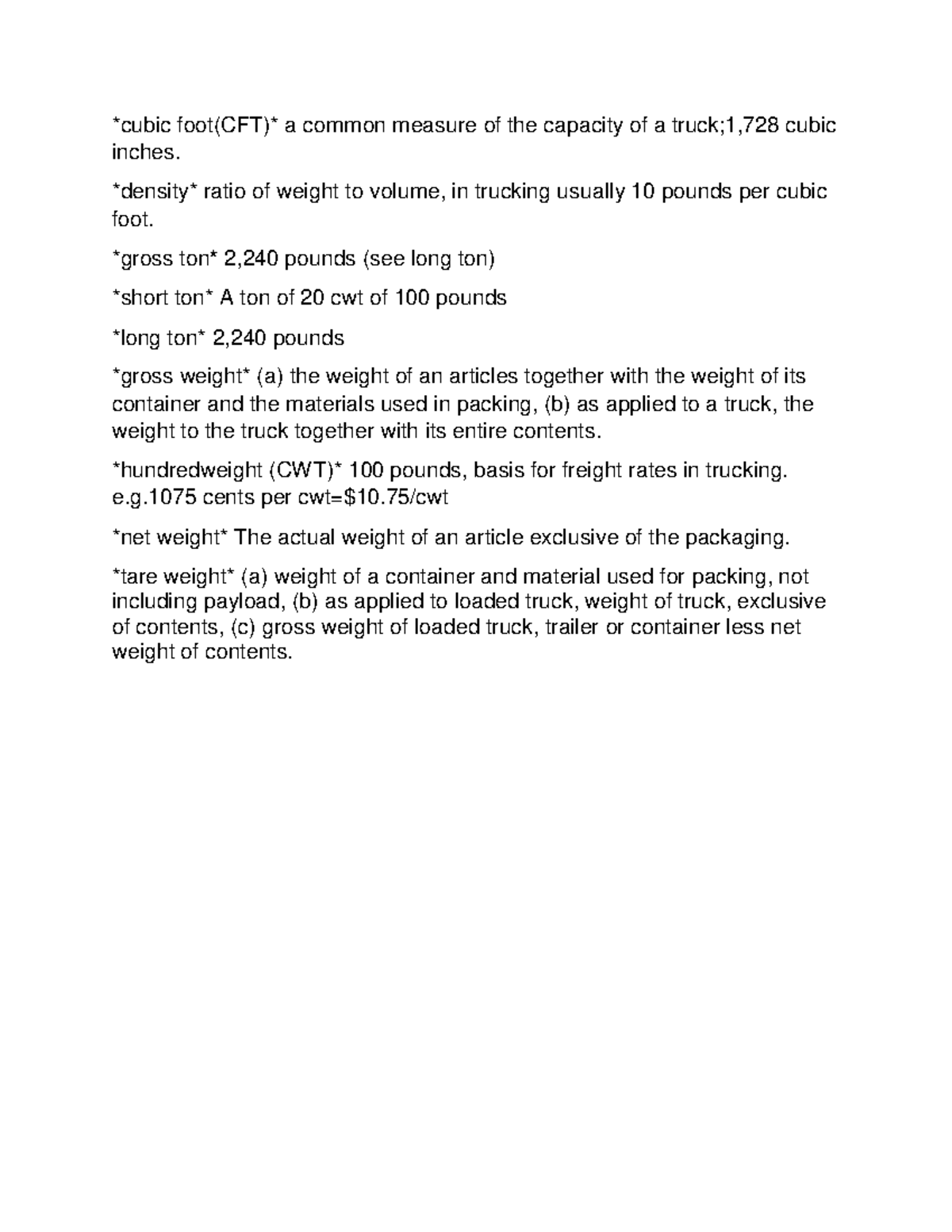 Key termsWeight Key terms for weight calculation cubic foot(CFT) a