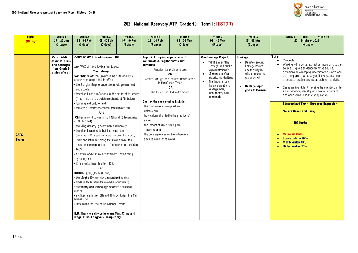 2021 History ATP GR10 2021 National Recovery ATP Grade 10 Term 1