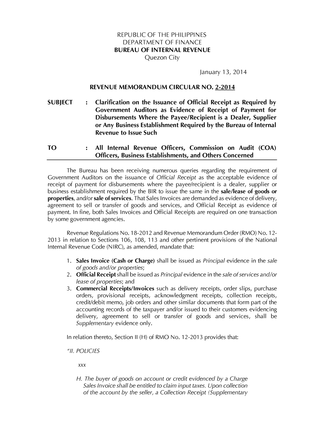 81011 RMC No 2-2014 - Revenue Memorandum - REPUBLIC OF THE PHILIPPINES ...