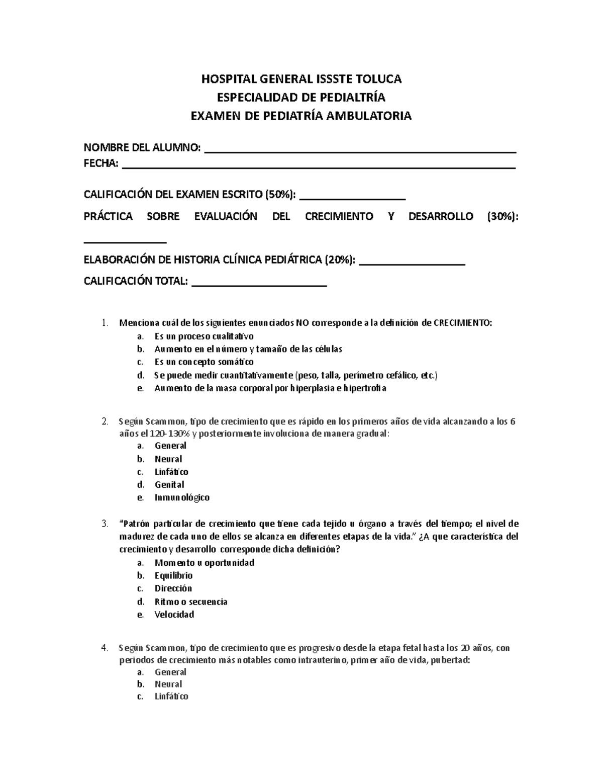 Examen pediatria crecimiento y desarrollo Pediatria UAEMex Studocu