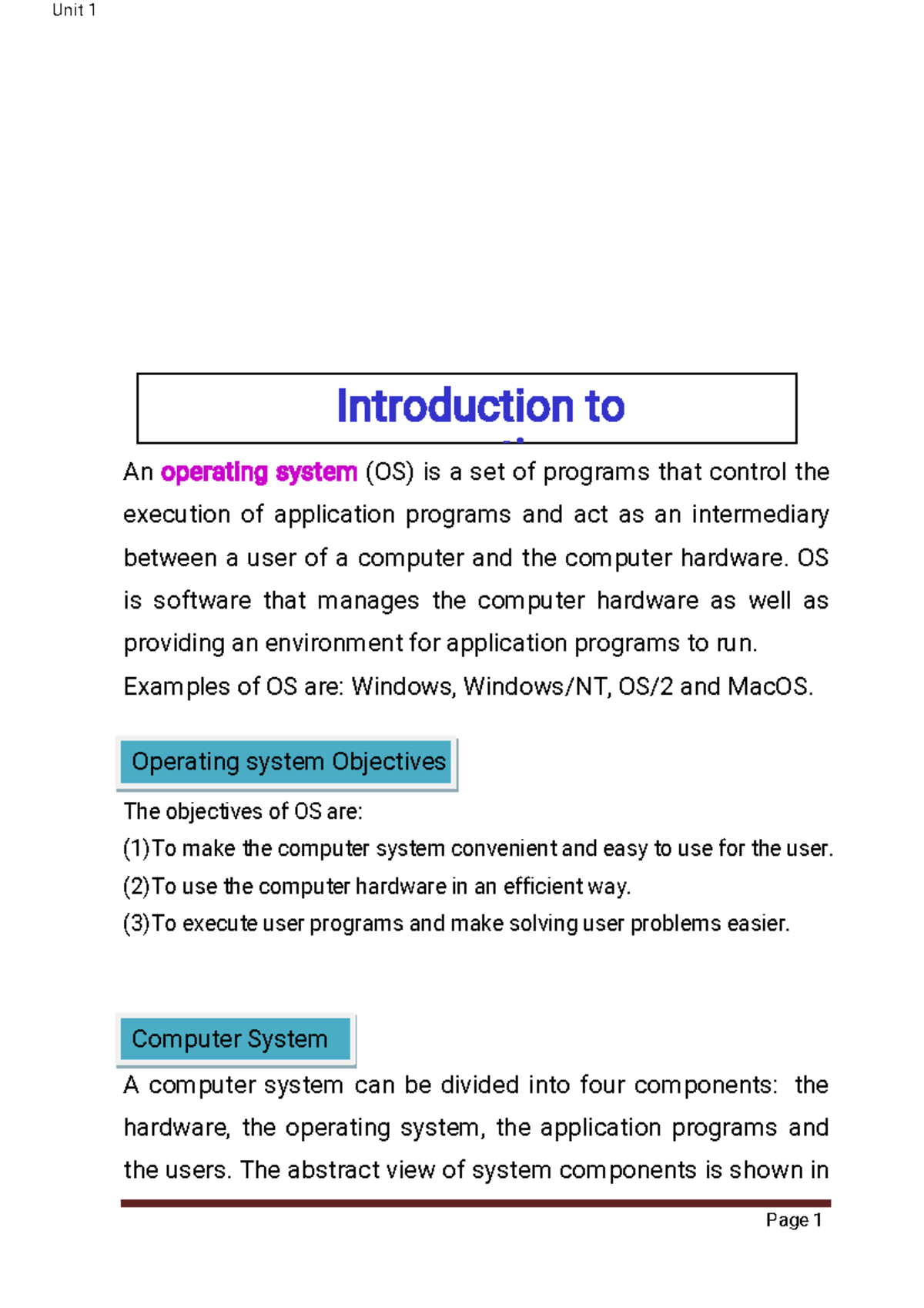 Unit1-Operatingsystem - Introduction to An operating system (OS) is a ...