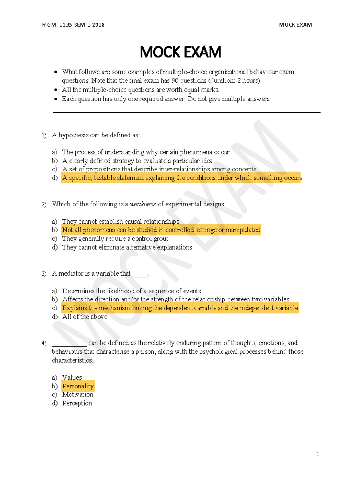 Mock Exam With Answers Mgmt1135 Studocu