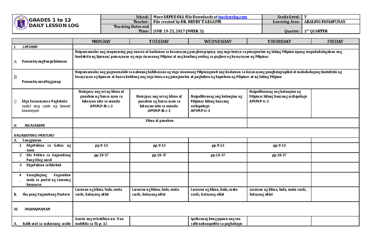 Grade 5 Dll Araling Panlipunan 5 Q1 Week 3 Grades 1 To 12 Daily Lesson Log School More Deped 2597