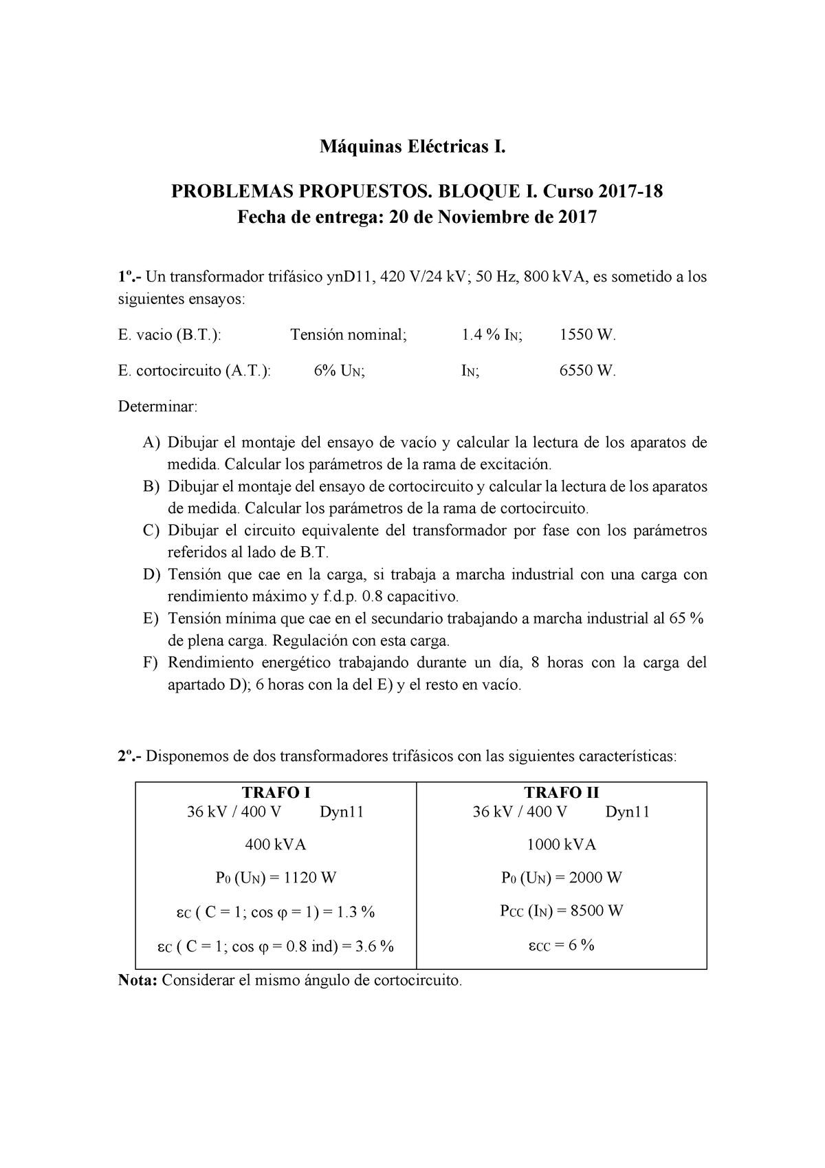 Problemas Propuestos Bloque I Transformadores Curso 2017-18 - Máquinas ...