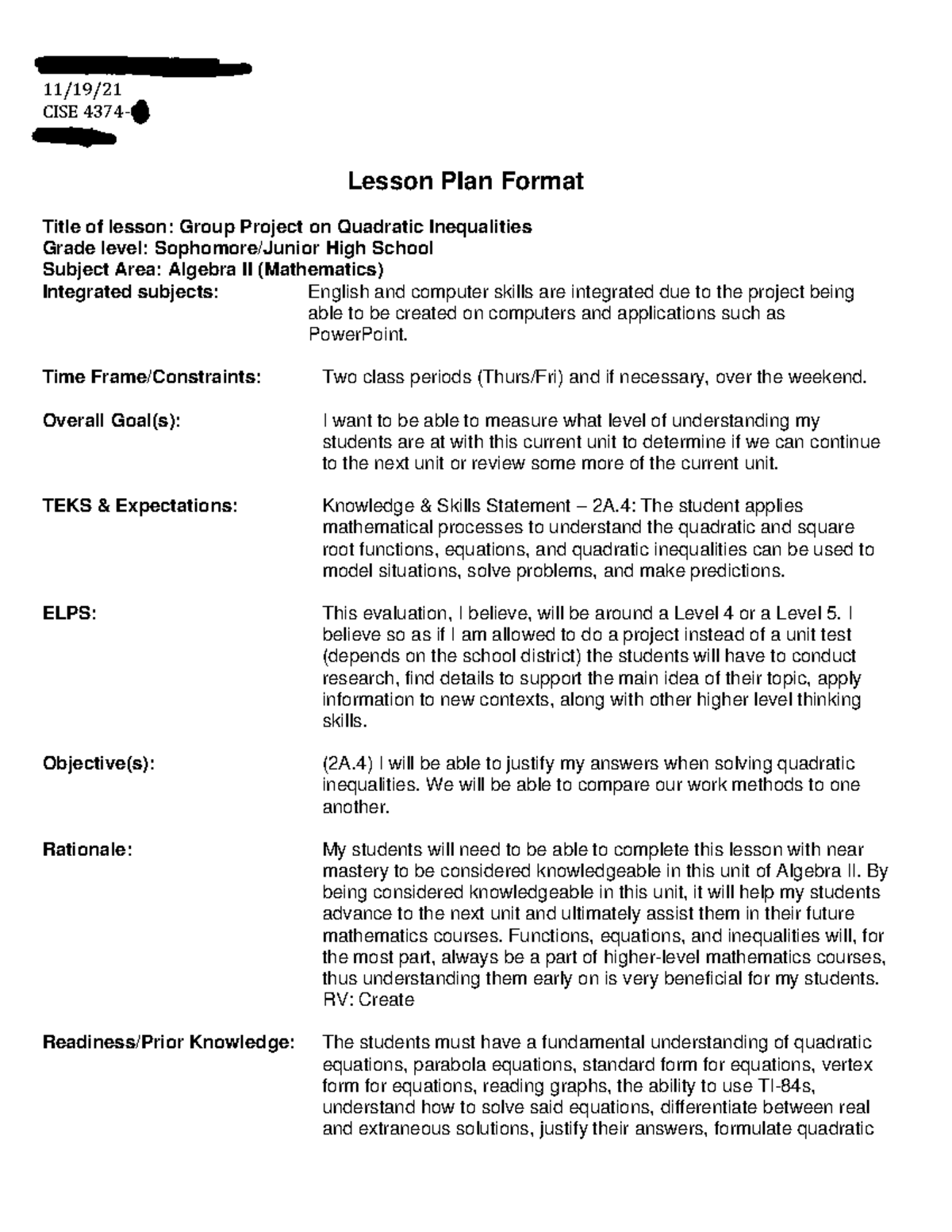 sample lesson plan case study