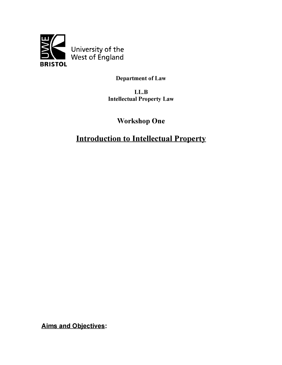 Workshop 1 Intro to IP - Department of Law LL Intellectual Property Law ...