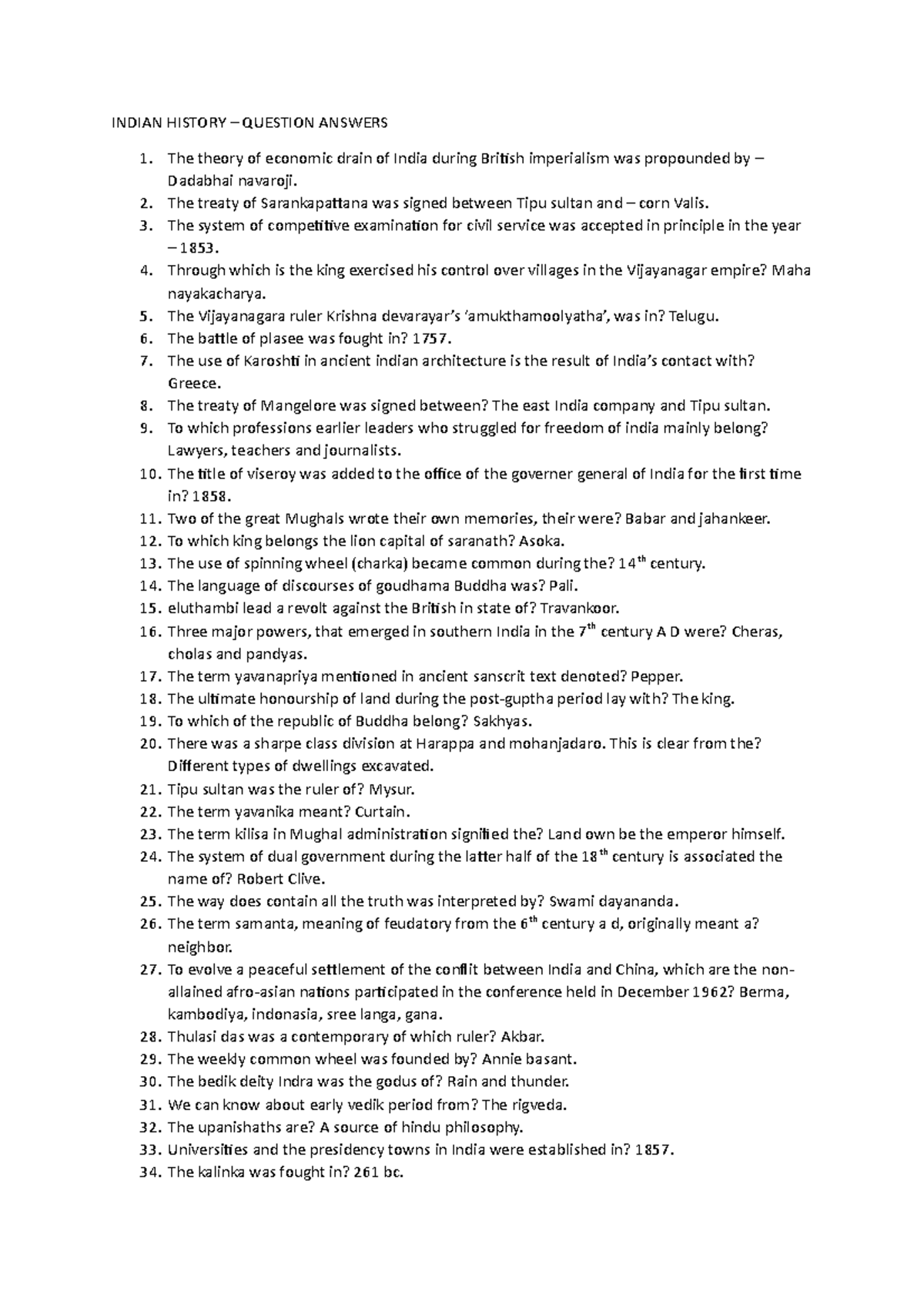 Indian history question answers - INDIAN HISTORY – QUESTION ANSWERS The ...