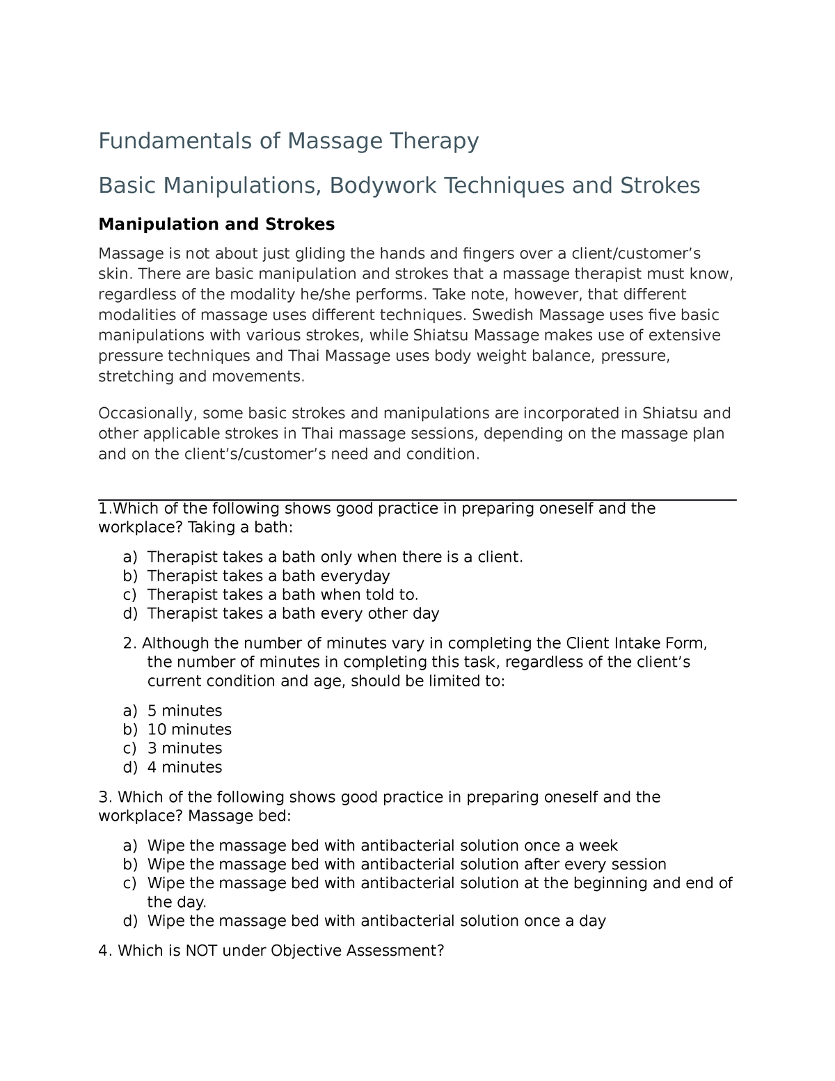 BS Nursing Final EXAM PART 2 - Fundamentals Of Massage Therapy Basic ...