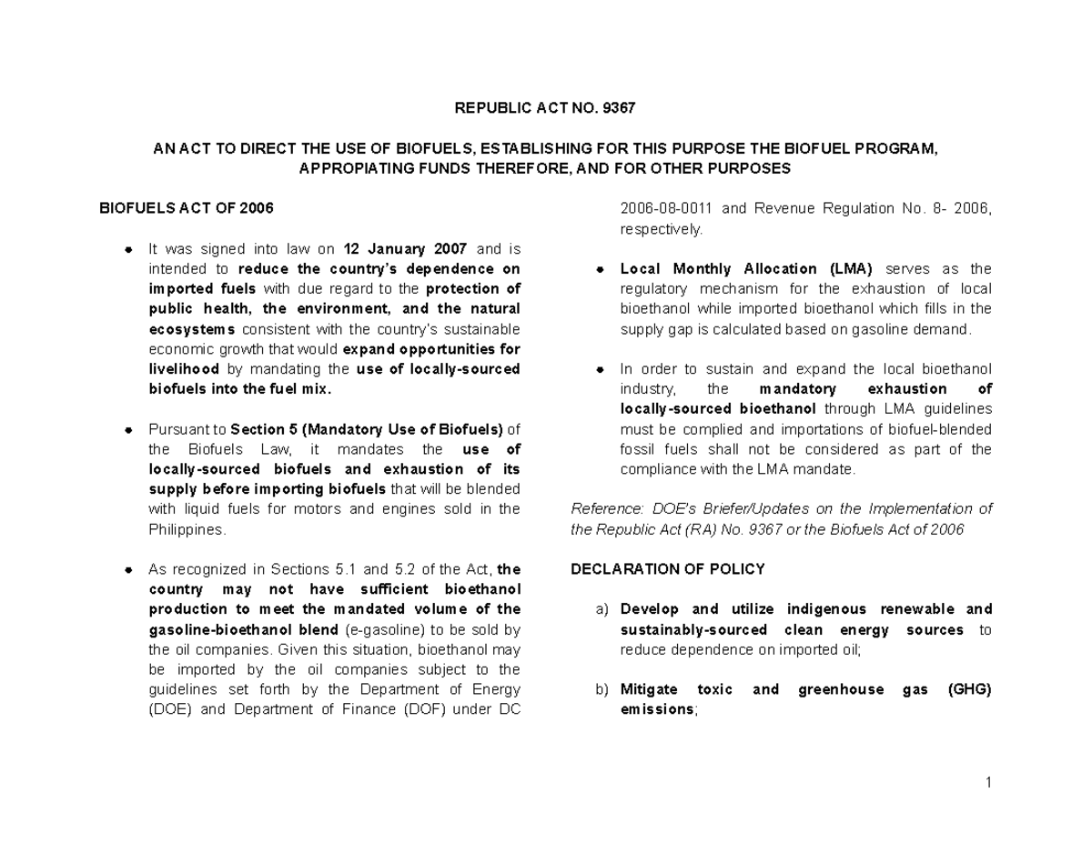 Biofuels ACT OF 2006 - REPUBLIC ACT NO. 9367 AN ACT TO DIRECT THE USE ...