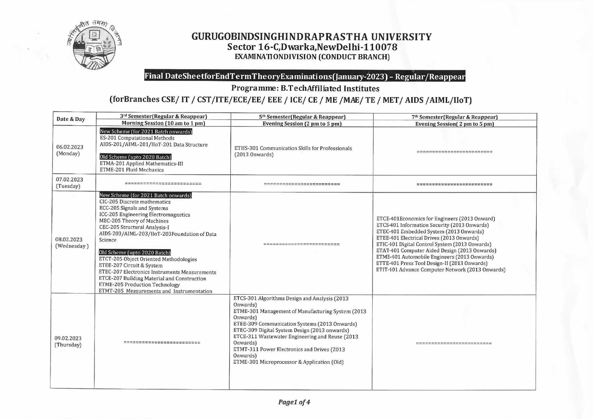 B. Tech Final Datesheet Centre - ECE Industrial Training - Studocu