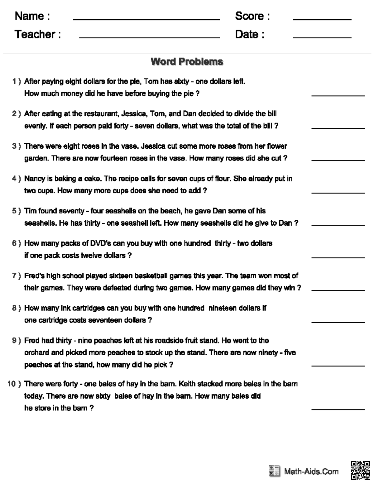 One Step Word Problems - efwfwfw - Studocu