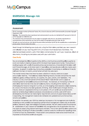 Bsbrsk 501-Project assignemnt and solution - BSBRSK501 Manage risk Name ...