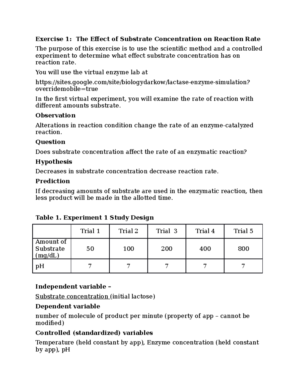Virtual Enzyme Lab Experiment 1 Substrate Concentration Exercise 1