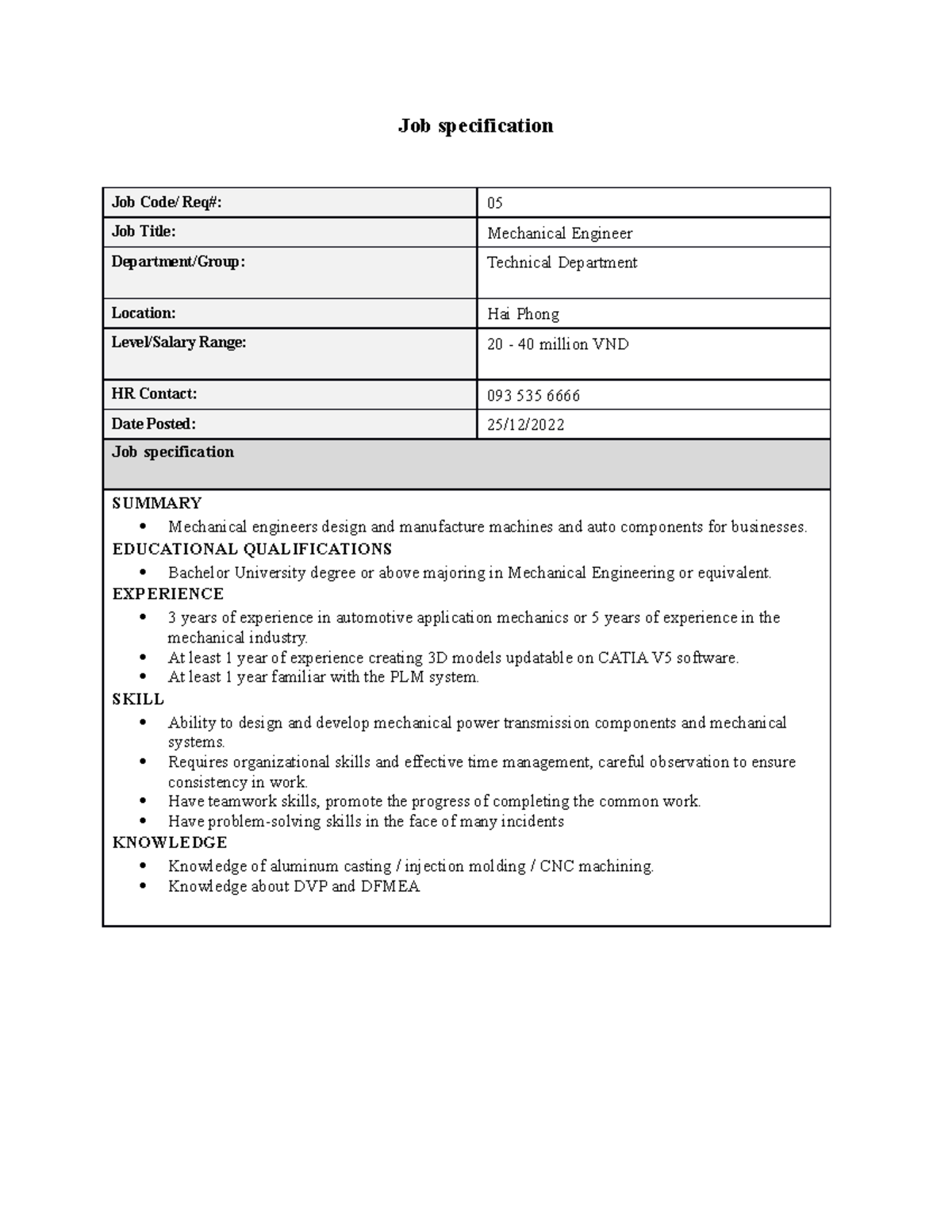 Job specification Hrm Job specification Job Code/ Req 05 Job