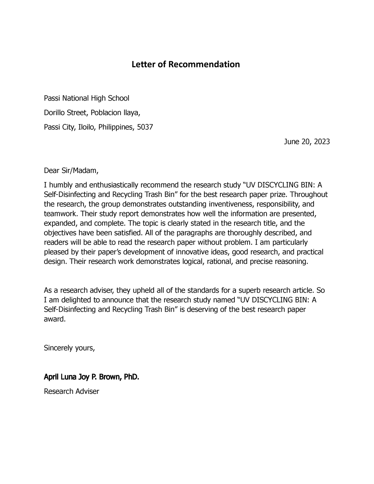 Reco letter maam luna - Le琀琀er of Recommenda琀椀on Passi National High ...