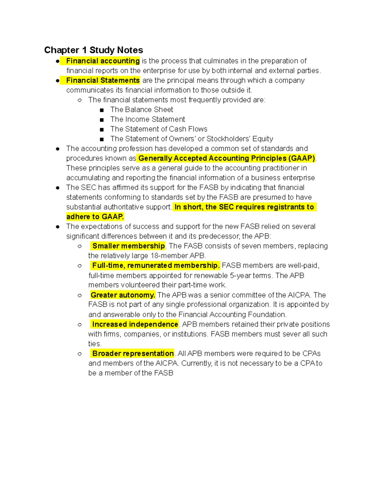 Study Guide - Chapter 1 Study Notes Financial accounting is the process ...
