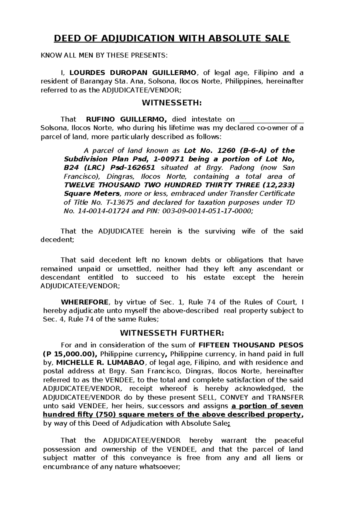 Deed Of Adjudication Absolute Sale- Lourdes D Guillermo For Michelle R 