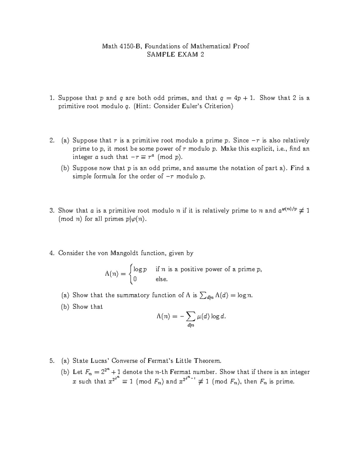 Sample Exam 2 Math 4150 B Foundations Of Mathematical Proof Sample Exam 2 Suppose That P And 