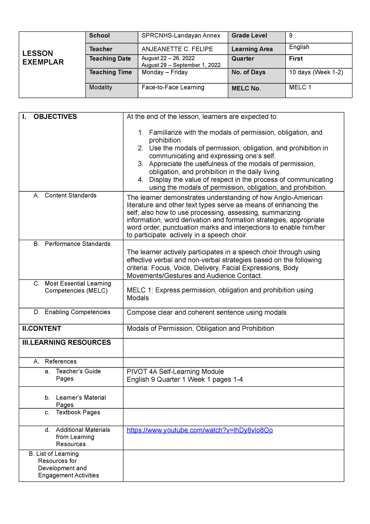 Q1- English-9-Week 1-2 - LESSON EXEMPLAR School SPRCNHS-Landayan Annex ...