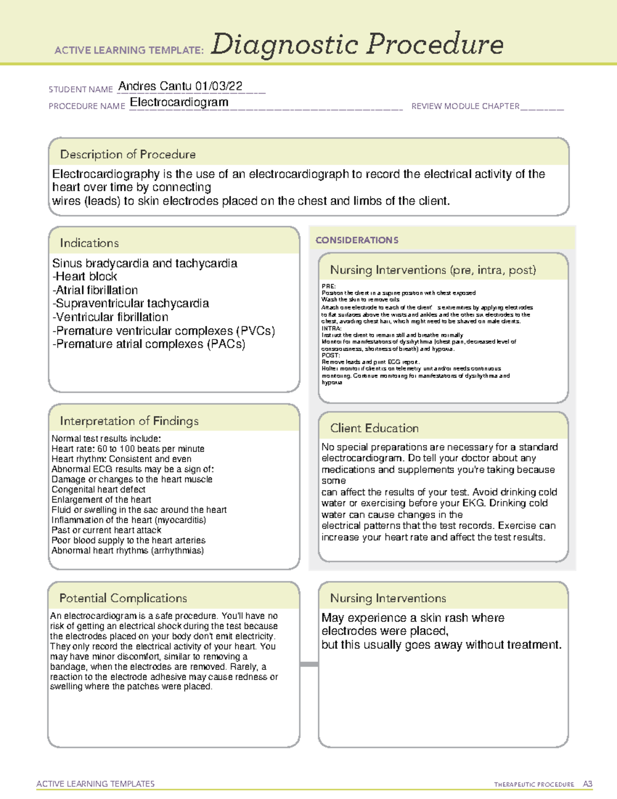 ATI Diagnostic ECG ACTIVE LEARNING TEMPLATES THERAPEUTIC PROCEDURE A