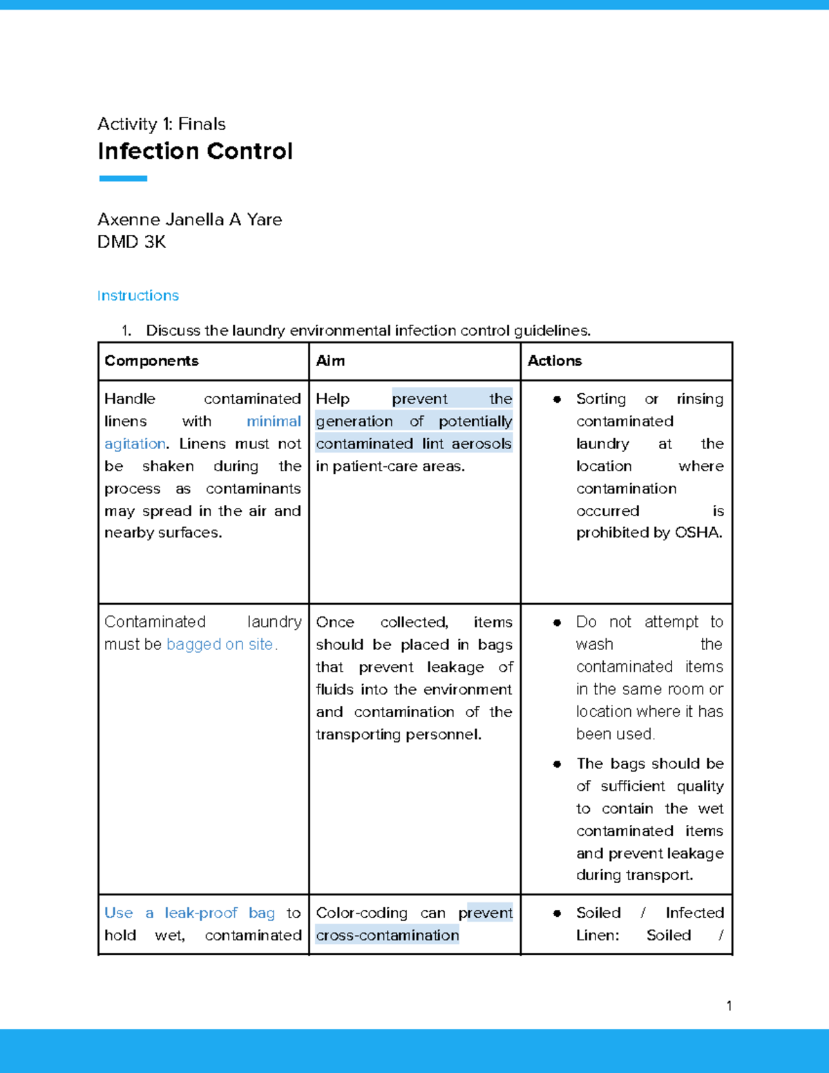 1 - Reviewer notes - Activity 1: Finals Infection Control Axenne ...