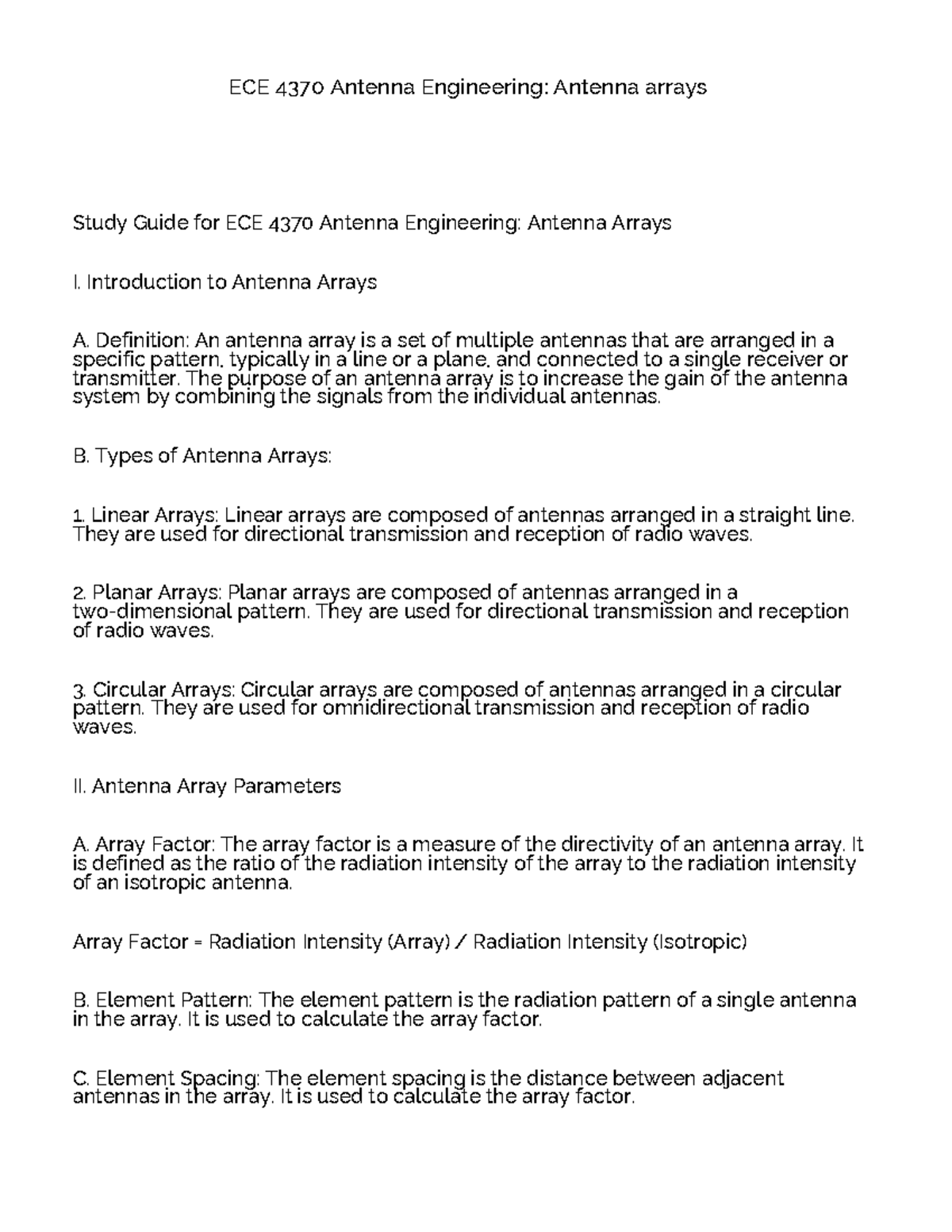 NotesECE 4370 Antenna Engineering Antenna Arrays ECE 4370 Antenna