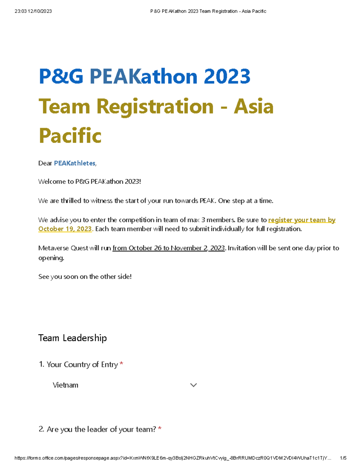 PG PEAKathon 2023 Team Registration Asia Pacific - P&G PEAKathon 2023 ...