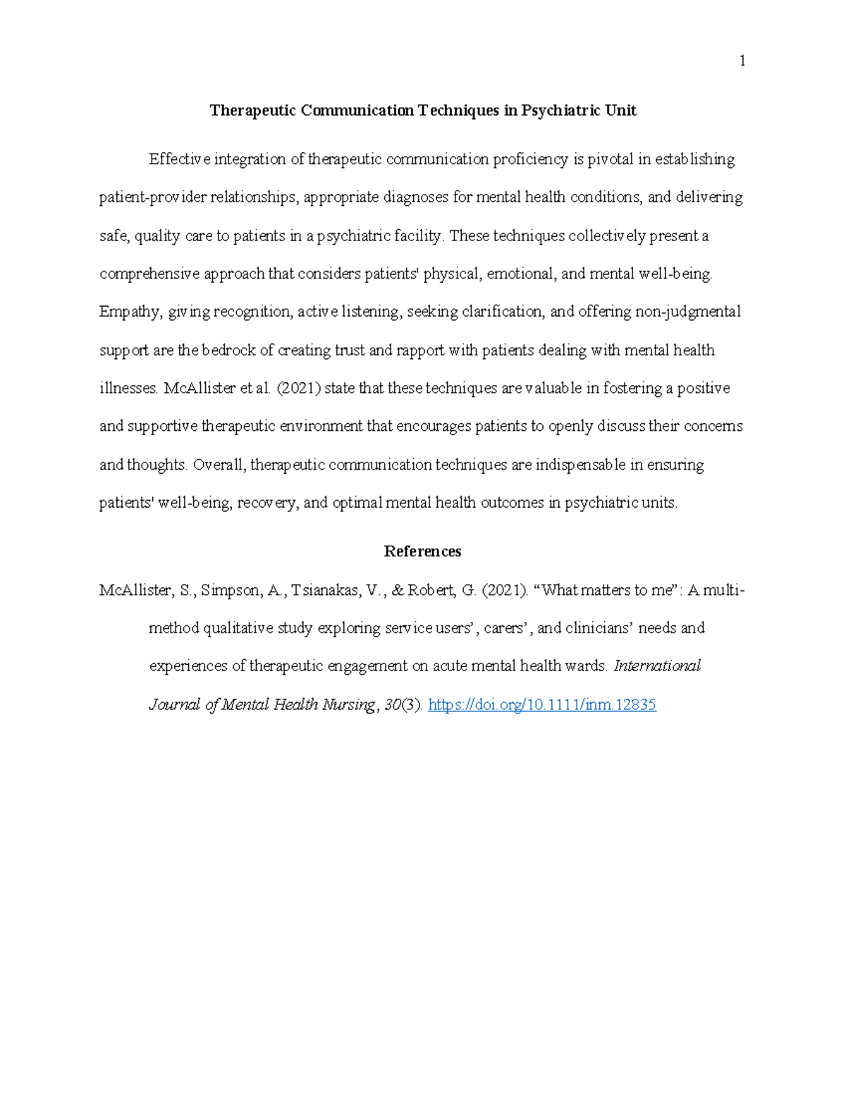 Therapeutic Communication Techniques in Psychiatric Unit These