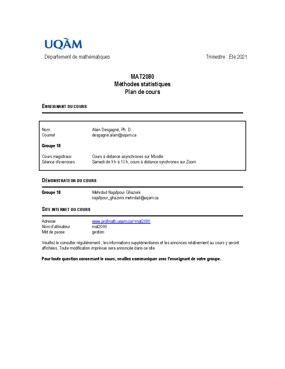 MAT2080 Méthode Statistiques, Plan De Cours, été 2021 - MAT Méthodes ...