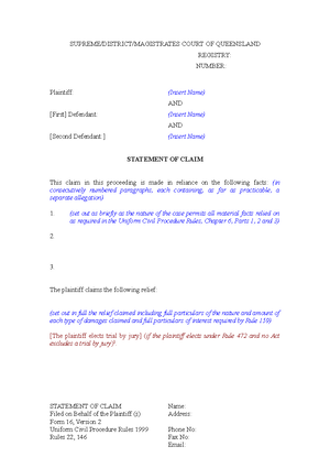 Form-2-Claim-UCPR - Civil Procedure Assignment Claim Template - SUPREME ...