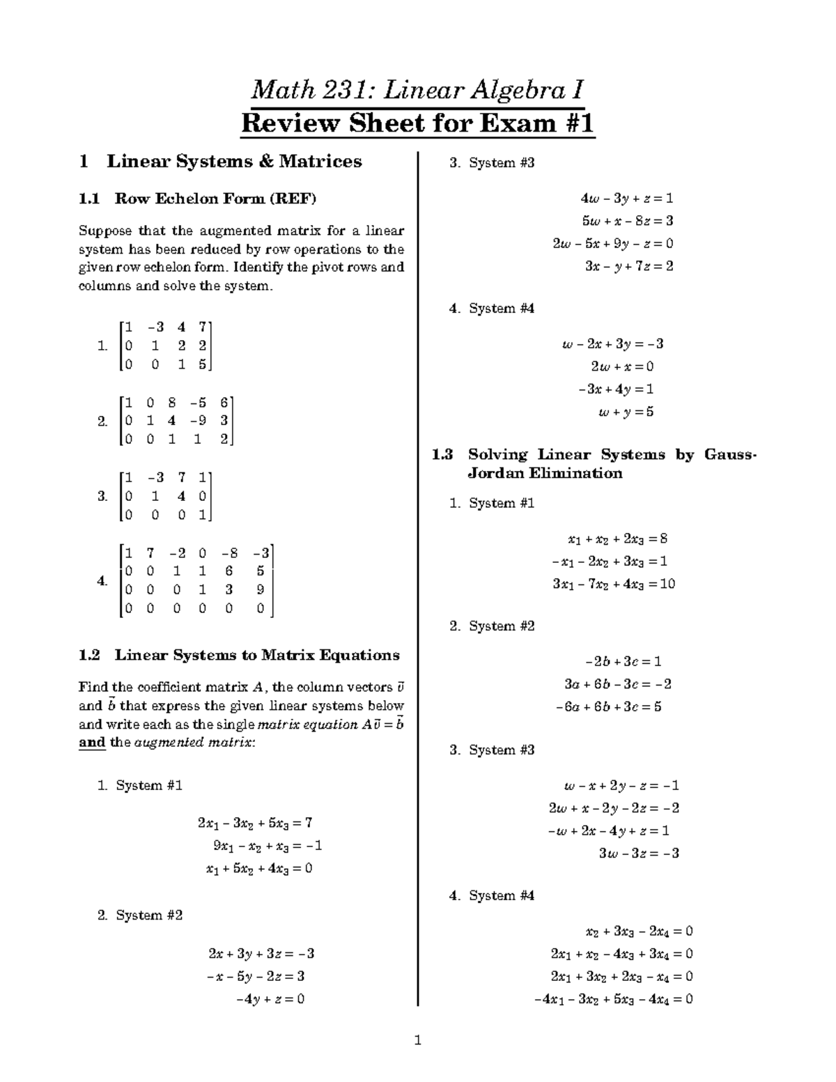 Review Sheet for Exam 1 - Identify the pivot rows and columns and solve ...