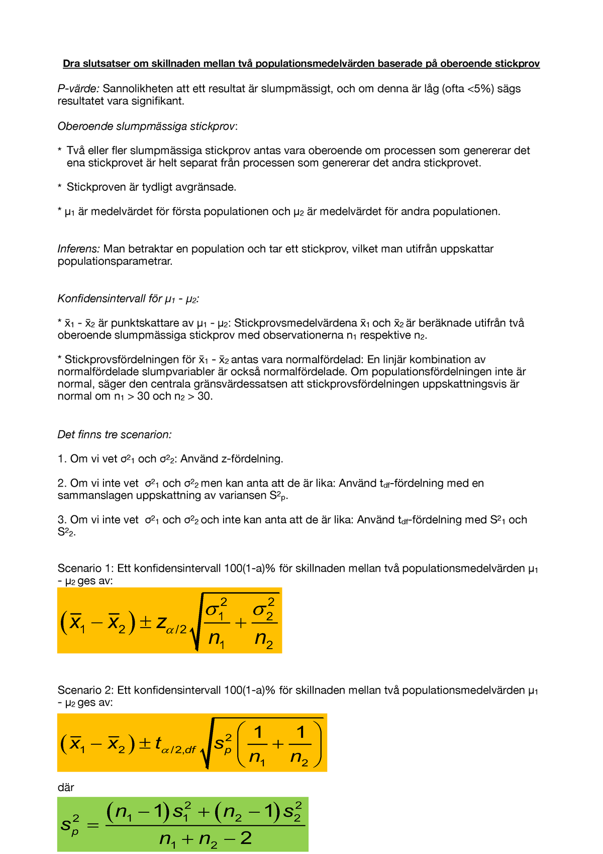 Statistik 1b - Formler Och Begrepp - Dra Slutsatser Om Skillnaden ...