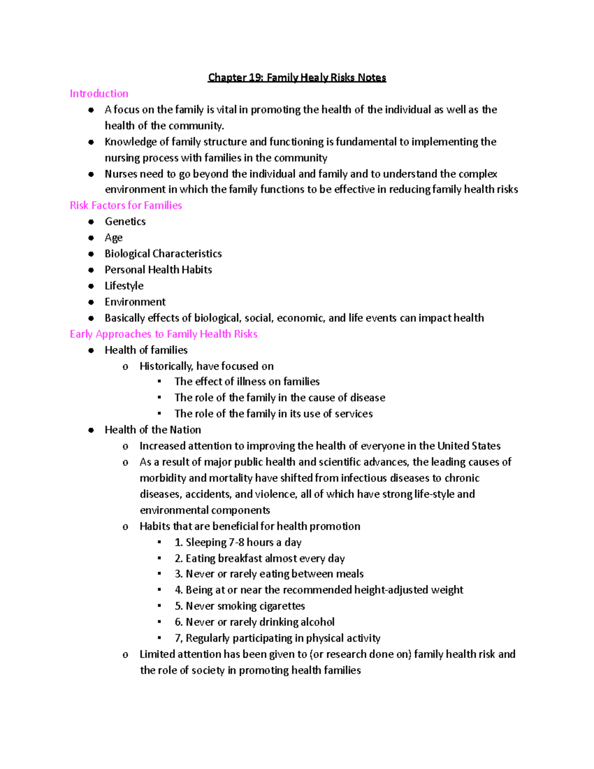 Chapter 19 Family Health Risks Notes (Population) Chapter 19