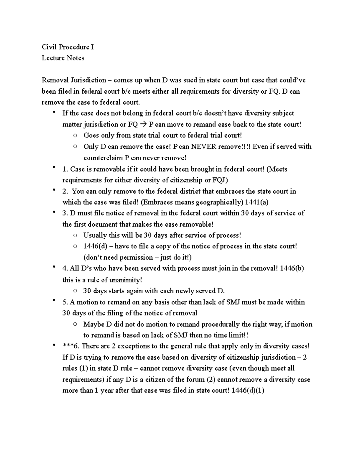 Civil Procedure I Lecture Notes Removal Jurisdiction Civil Procedure I Lecture Notes Removal
