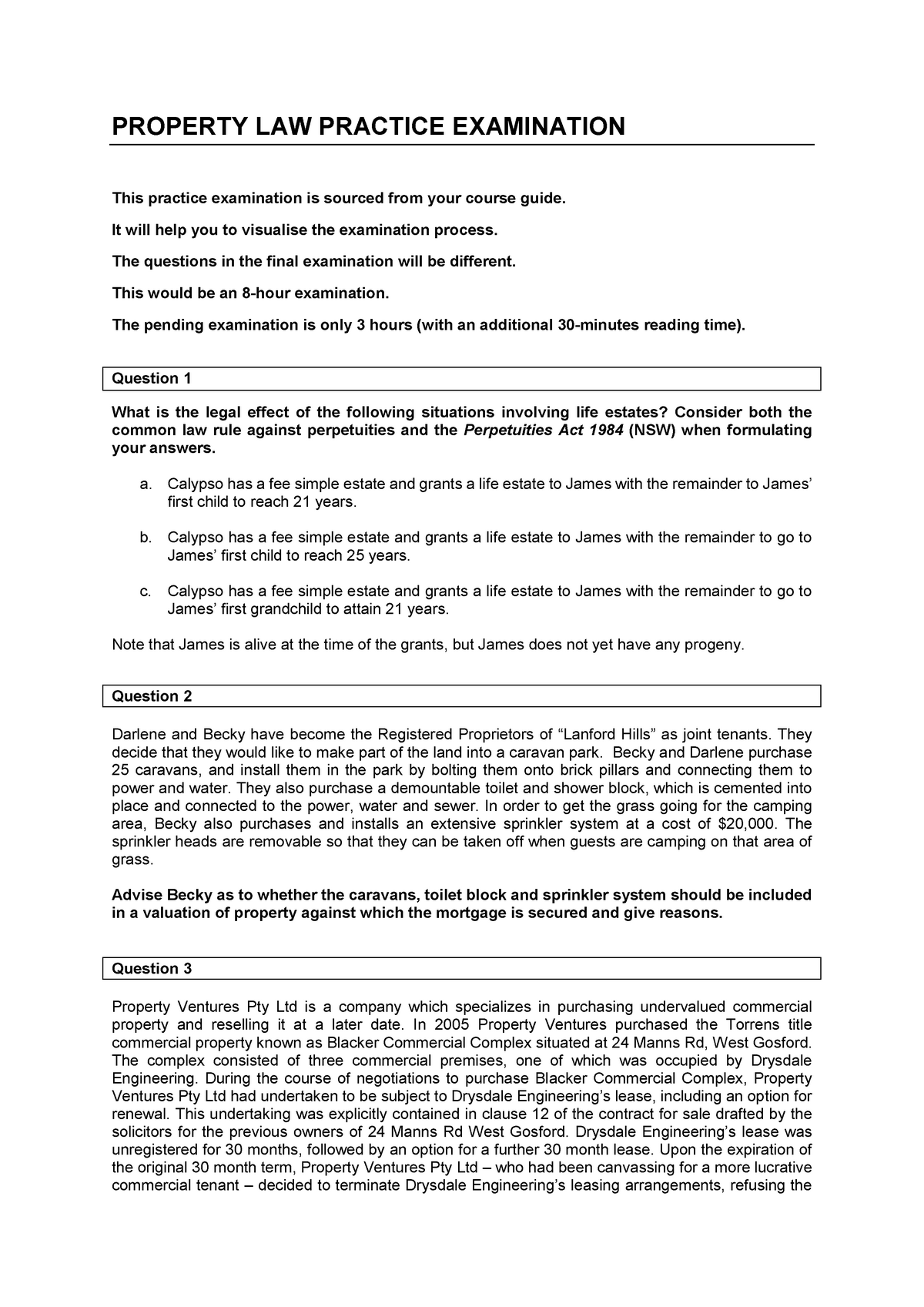 Sample/practice Exam 10 August 2019, Questions - PROPERTY LAW PRACTICE ...