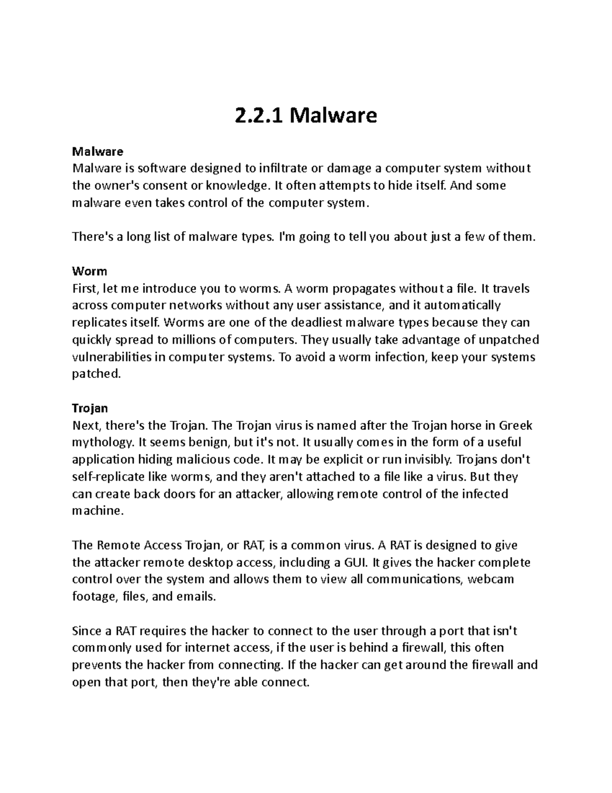 2.2.1 Malware - Notes - 2.2 Malware Malware Malware is software ...