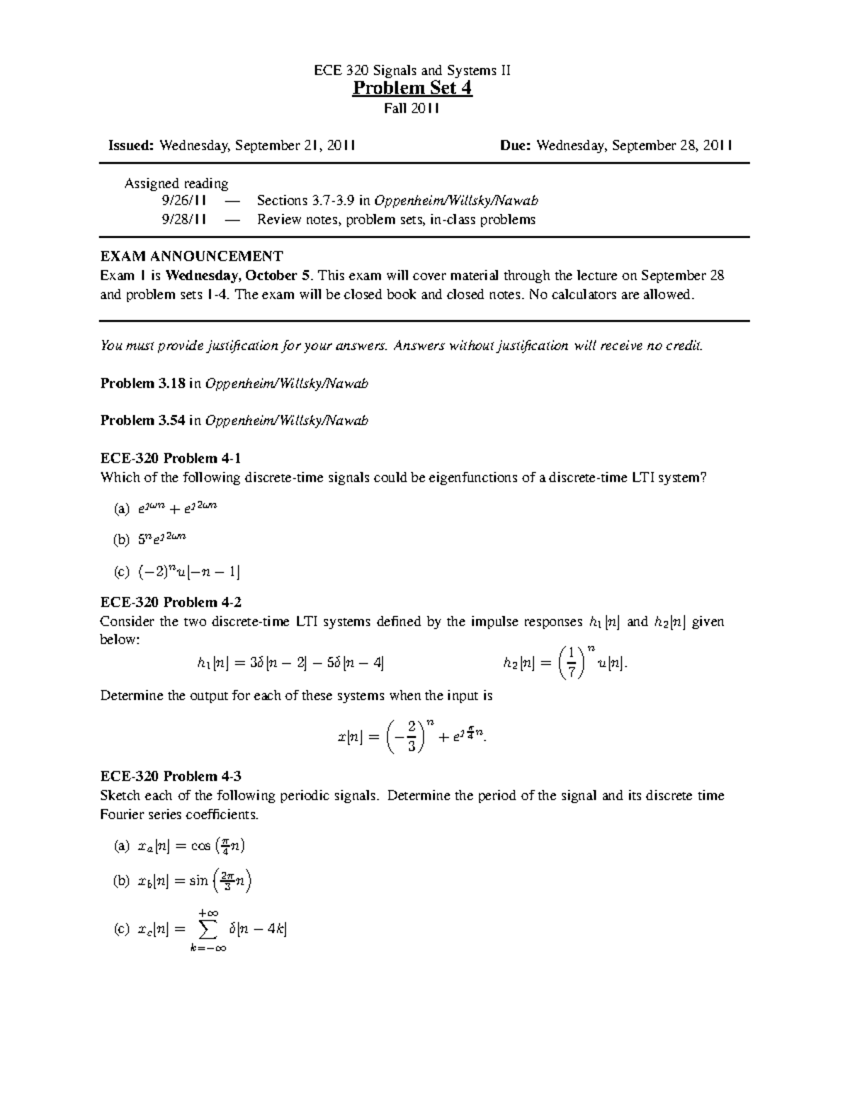 Problem Set 04 - 2011 - ECE 320 Signals and Systems II Problem Set 4 ...