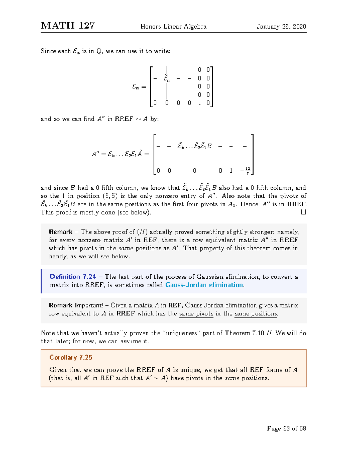 MATH 235-53 - Lecture notes 53 - MATH 127 Honors Linear Algebra January ...