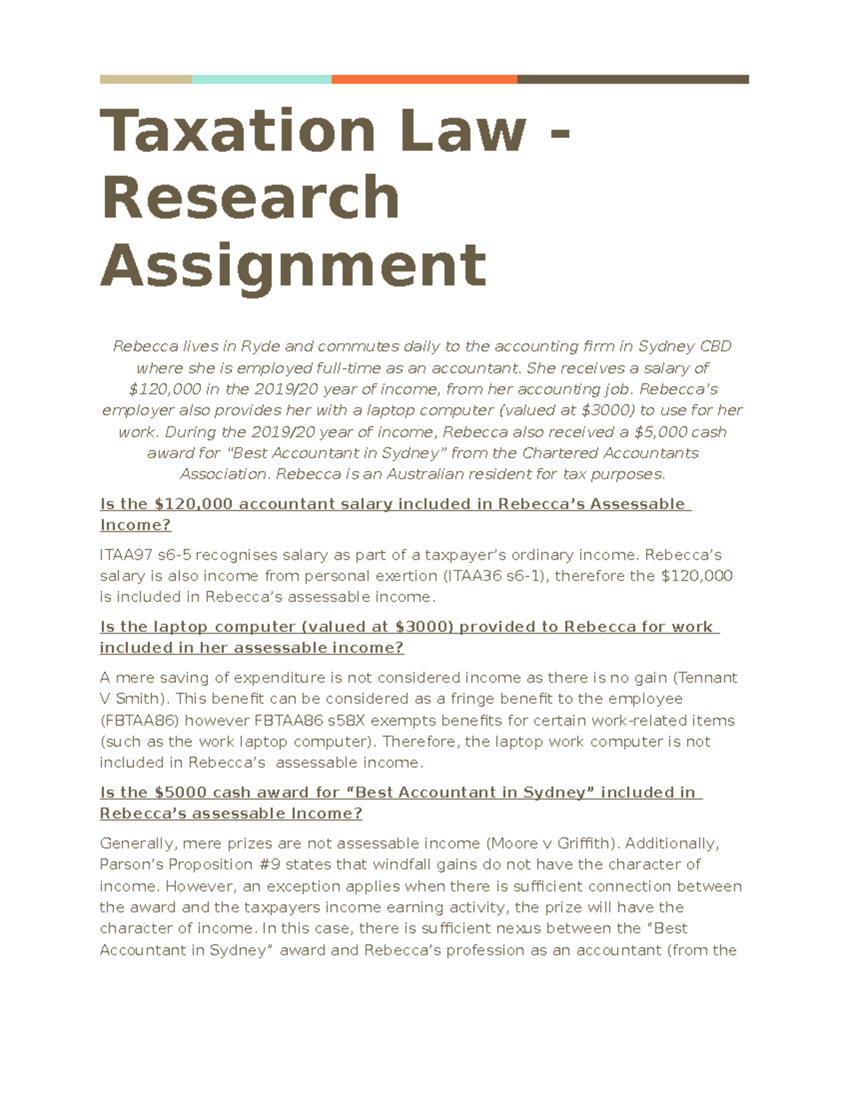 Research Assignment - Taxation Law - Research Assignment Rebecca lives ...