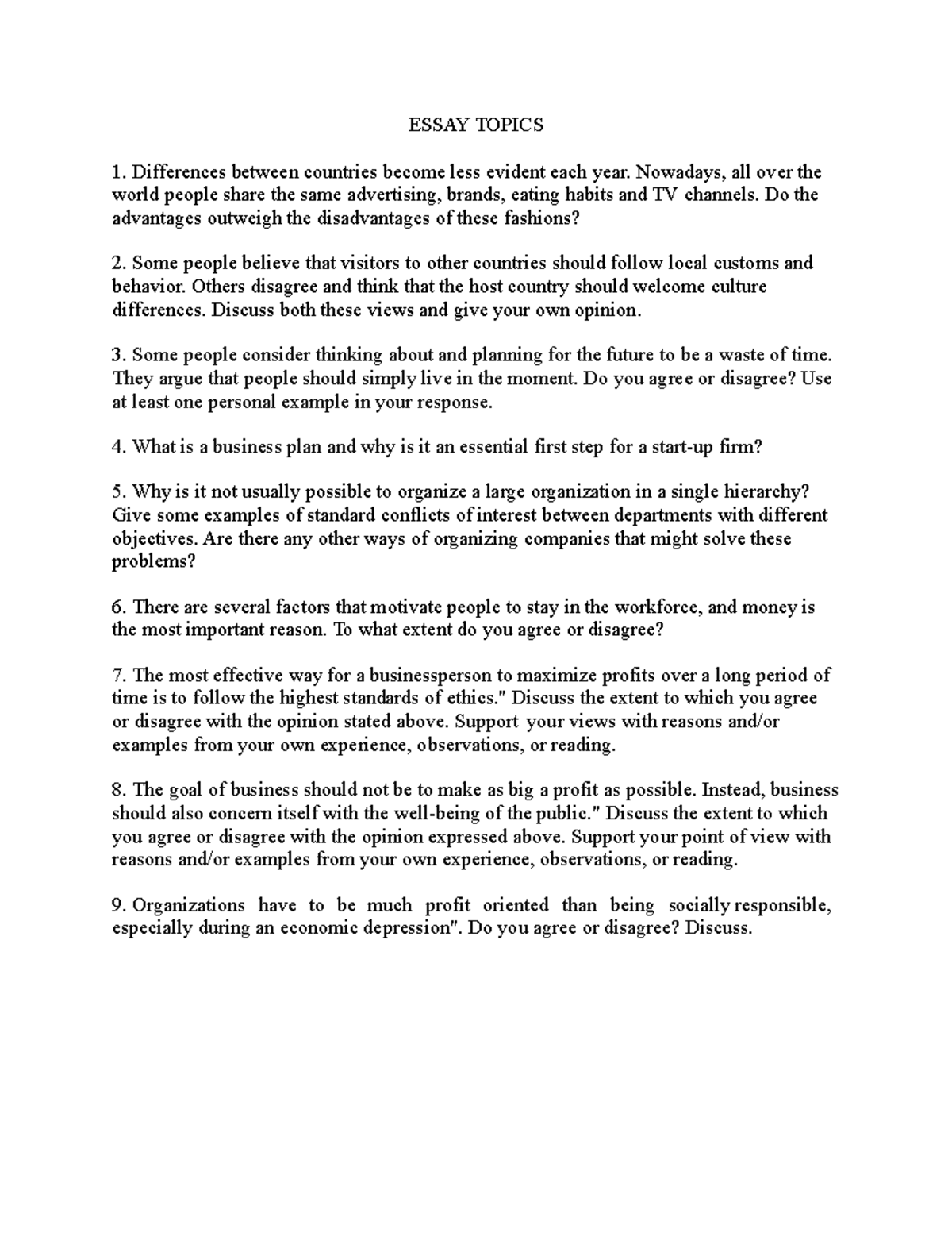 Essay- Topics - ESSAY TOPICS Differences between countries become less ...
