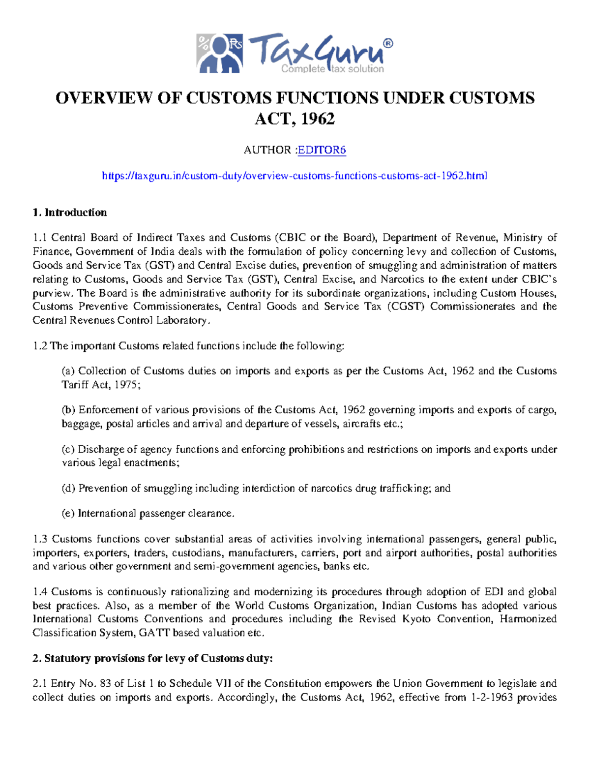 Overview of Customs Functions under Customs Act, 1962- taxguru ...