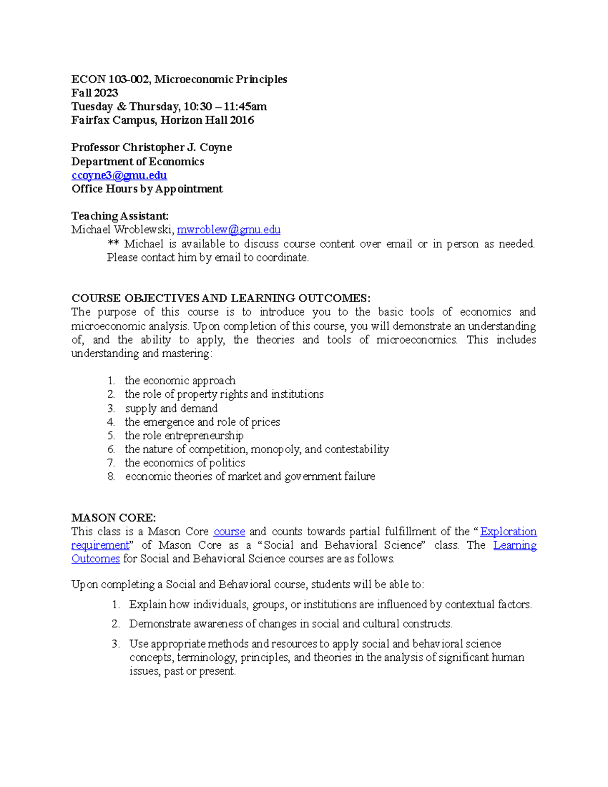 Econ 103 - Syllabus - Fall 2023 - ECON 103-002, Microeconomic ...