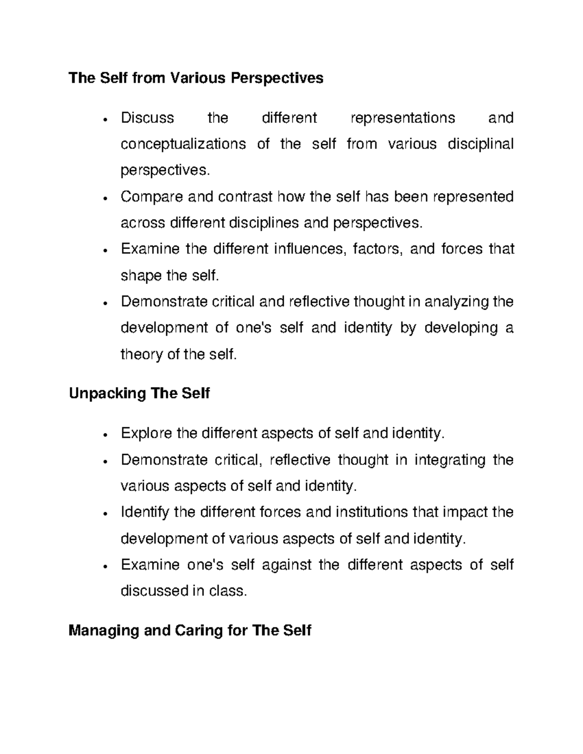 The Self from Various Perspectives - • Compare and contrast how the ...