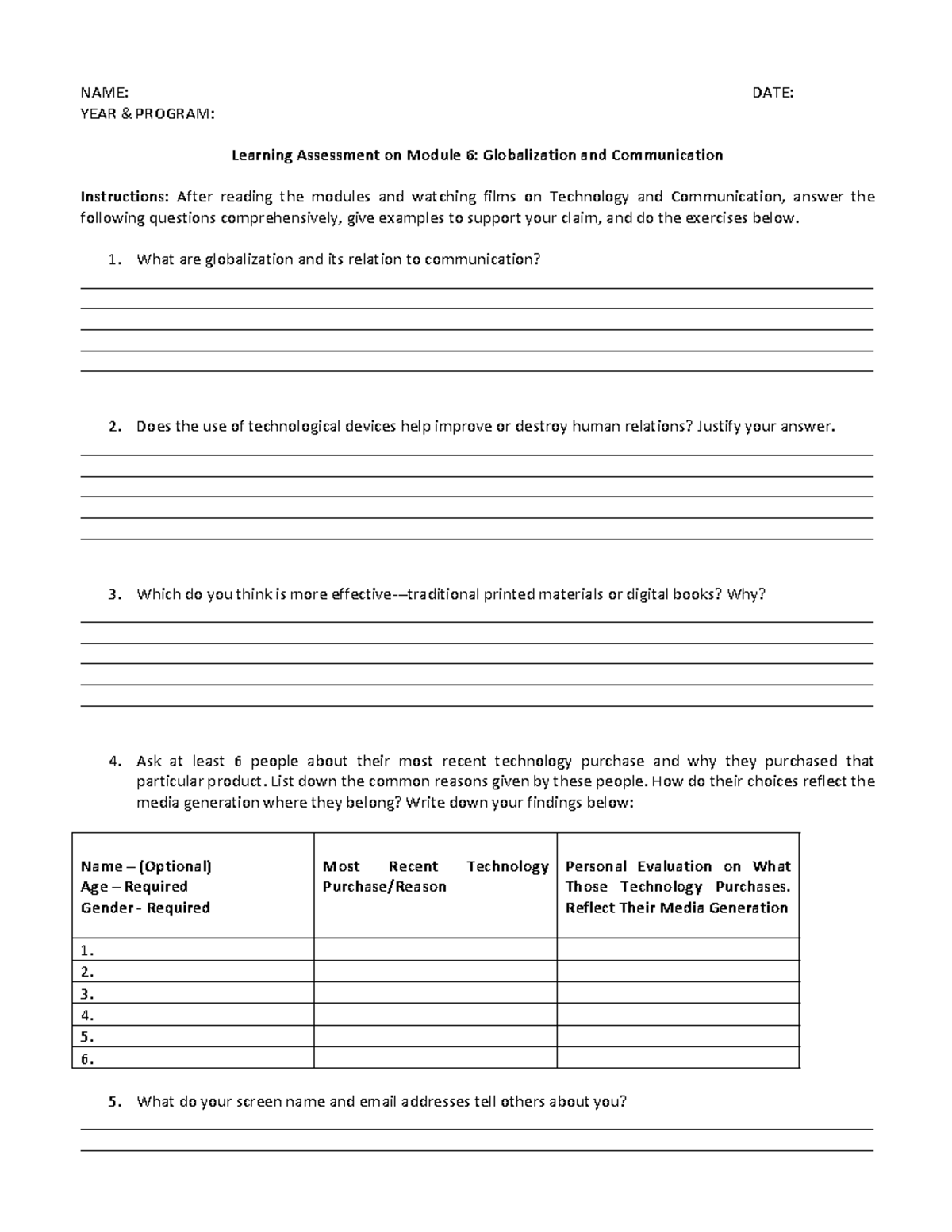 Module-6 Learning-Assessment - NAME: DATE: YEAR & PROGRAM: Learning ...