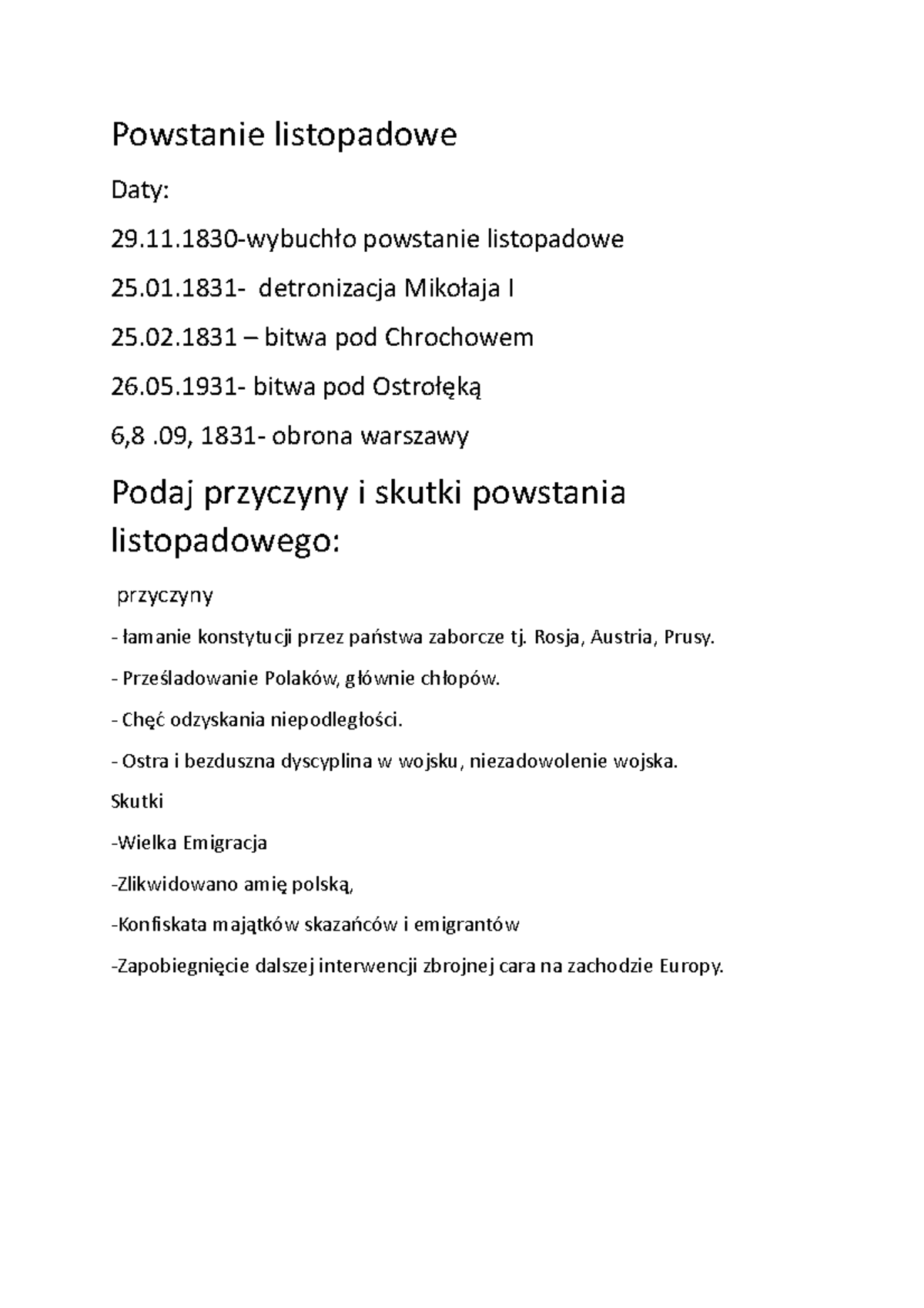 Powstanie listopadowe - Powstanie listopadowe Daty: 29.11-wybuchło