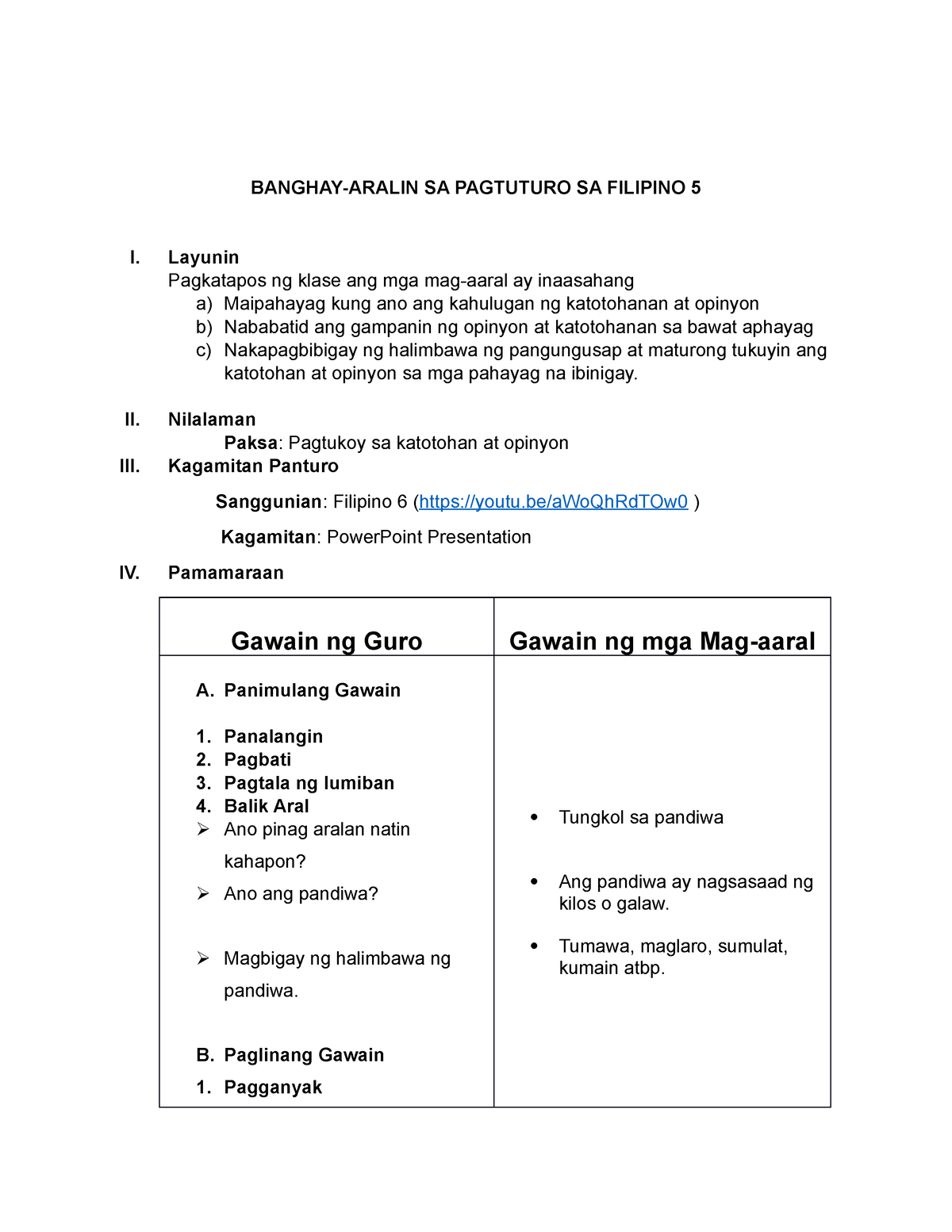 Filipino Lesson Plan Banghay Aralin Sa Pagtuturo Sa Filipino I